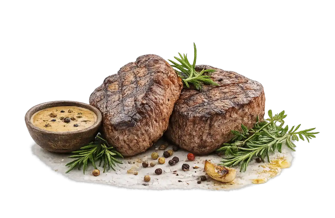 Pièces de bœuf gastronomiques accompagnées d’herbes aromatiques et sauce au poivre, illustrant l’art de vivre et la cuisine française