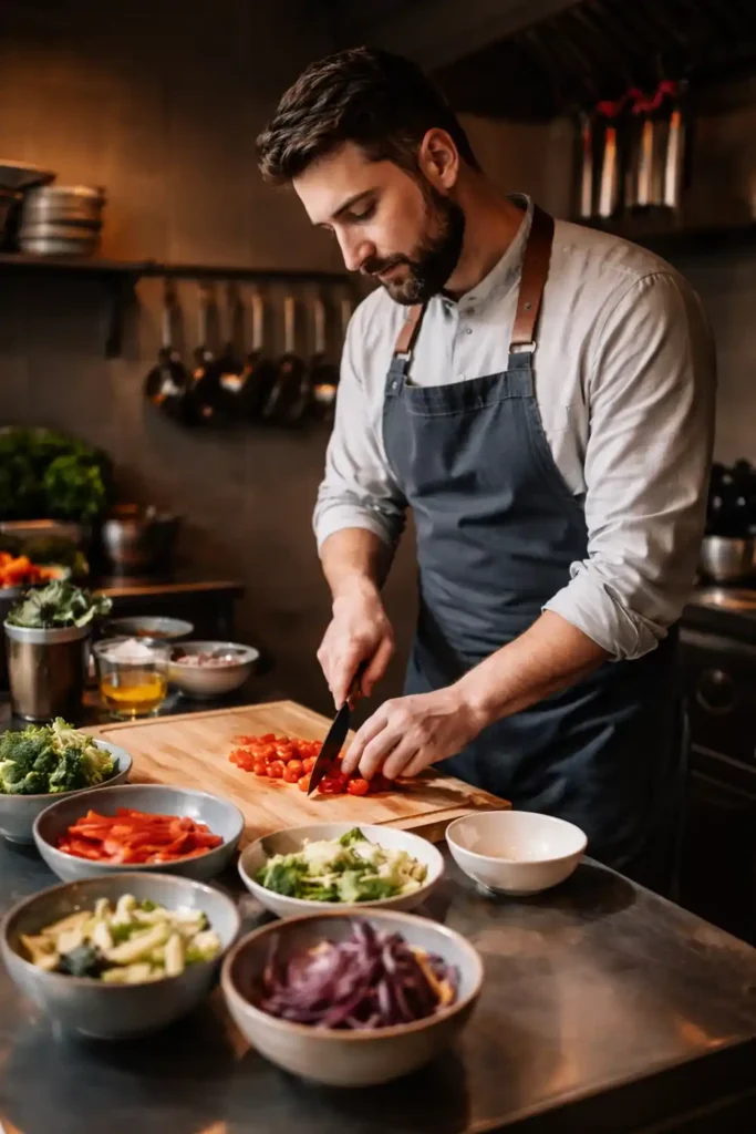 Chef en cuisine préparant des légumes frais sur un plan de travail, illustrant le savoir-faire culinaire et l’art de vivre