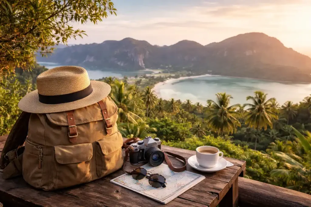 Table en bois avec sac de voyage, appareil photo et carte face à un paysage tropical, illustrant l’évasion et le carnet de route