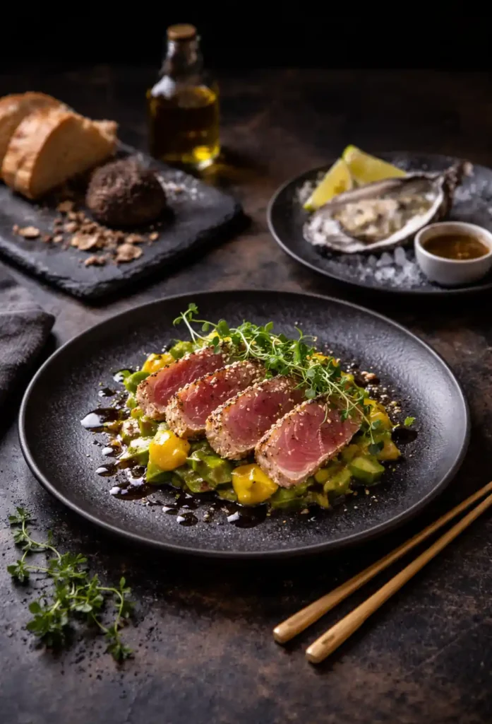 Assiette gastronomique dressée sur fond sombre avec thon snacké et garniture raffinée, illustrant une cuisine élégante et contemporaine