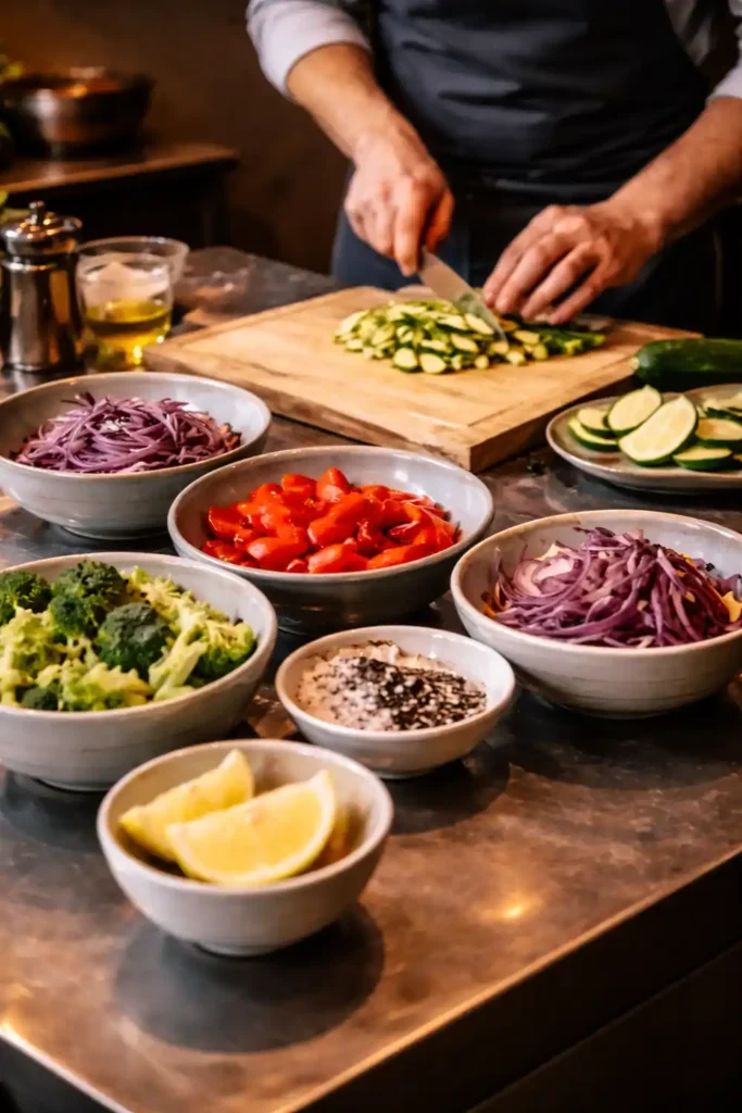 Saladiers d’ingrédients frais disposés sur un plan de travail en cuisine professionnelle, illustrant la préparation culinaire et le travail des produits